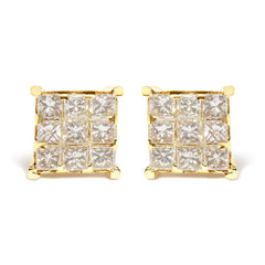 14K Yellow Gold 1 1/2 Cttw Invisible Set Princess-Cut Diamond 9 Stone Square Stud Earrings (J-K Color, SI2-I1 Clarity)