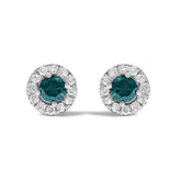 .925 Sterling Silver 1/2 Cttw Blue Diamond Halo Stud Earring