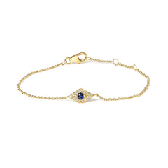 10K Yellow Gold Blue Sapphire and Diamond Accent Evil Eye Station Link Bracelet (H-I Color, I1-I2 Clarity) - Size 7"