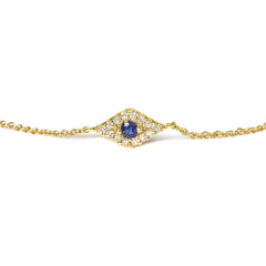 10K Yellow Gold Blue Sapphire and Diamond Accent Evil Eye Station Link Bracelet (H-I Color, I1-I2 Clarity) - Size 7"