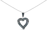 .925 Sterling Silver 1.00 Cttw Baguette and Round Blue Diamond Open Heart Pendant Necklace