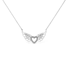 .925 Sterling Silver Pave-Set Diamond Accent Fairy Wing 18" Heart Pendant Necklace (I-J Color, I1-I2 Clarity)