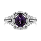 .925 Sterling Silver 9X7 Oval MM Purple Amethyst Solitaire and Diamond Accent Ring