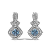 Sterling Silver Cushion Cut Blue Topaz and Diamond Accent Twist Motif Dangle Earrings