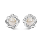Sterling Silver Pearl and 1/10 Cttw Diamond Floral Twist Stud Earrings