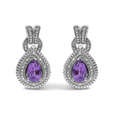 Sterling Silver Pear Cut Amethyst and Diamond Accent Teardrop Stud Earrings