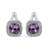 Sterling Silver Cushion Cut Amethyst and Diamond Accent Halo Drop Earrings