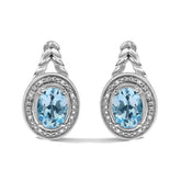 Sterling Silver Oval Blue Topaz and Diamond Accent Twist and Halo Drop Earrings