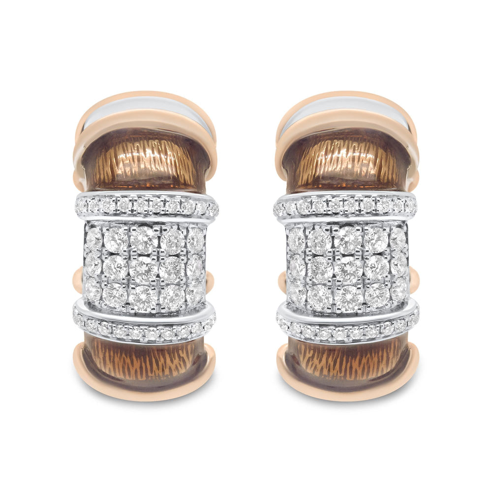 18K White and Rose Gold Flash Plated .925 Sterling Silver Clear Brown Enamel 1/6 Cttw Round Diamond Huggie Hoop Earrings (F-G Color, VS1-VS2 Clarity)