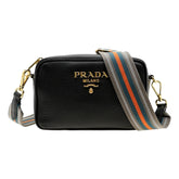 Prada Vitello Phenix Leather Crossbody Bag in Black with Gold Hardware and Web Stripe Strap