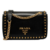 Prada Pattina Black Glace Calf Leather Studded Flap Crossbody Bag Gold Chain
