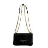 Prada Tessuto and Saffiano Leather Black Crossbody Bag with Gold Chain Strap