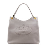 Prada Vitello Phenix Grey Leather Embossed Logo Hobo Tote Bag