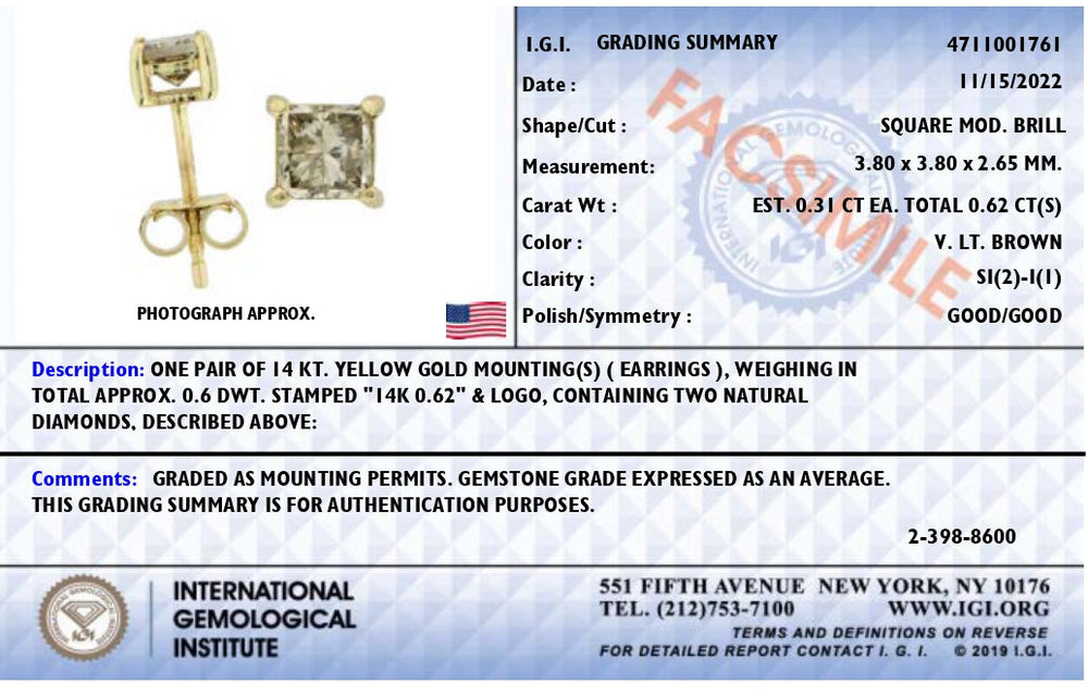 14K Yellow Gold 5/8 Cttw Princess Natural Brown Color Diamond 4-Prong Stud Earrings (Brown Color, SI2-I1 Clarity)