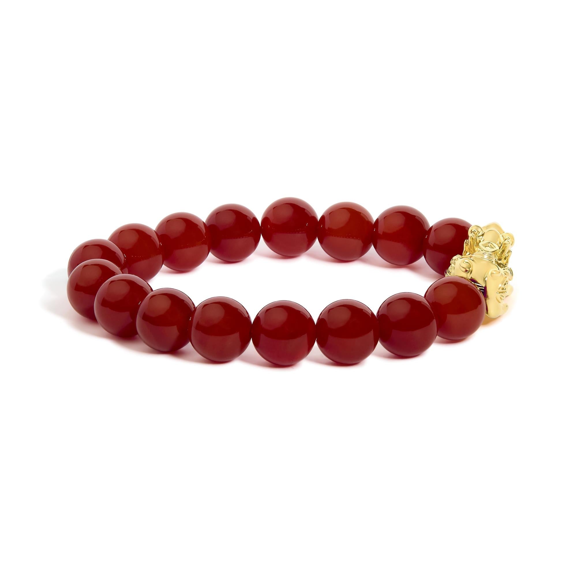 18K Yellow Gold Dragon Charm Red Agate Beaded Charm Bracelet