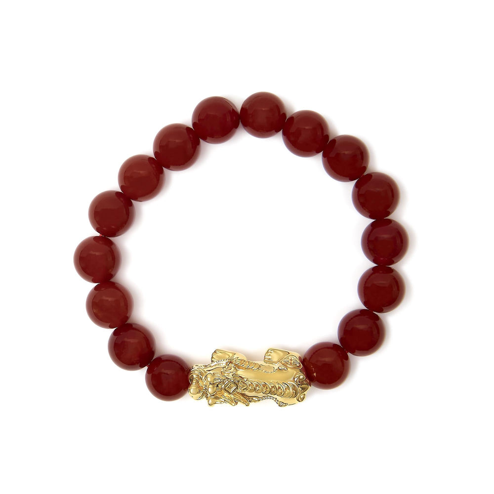 18K Yellow Gold Dragon Charm Red Agate Beaded Charm Bracelet