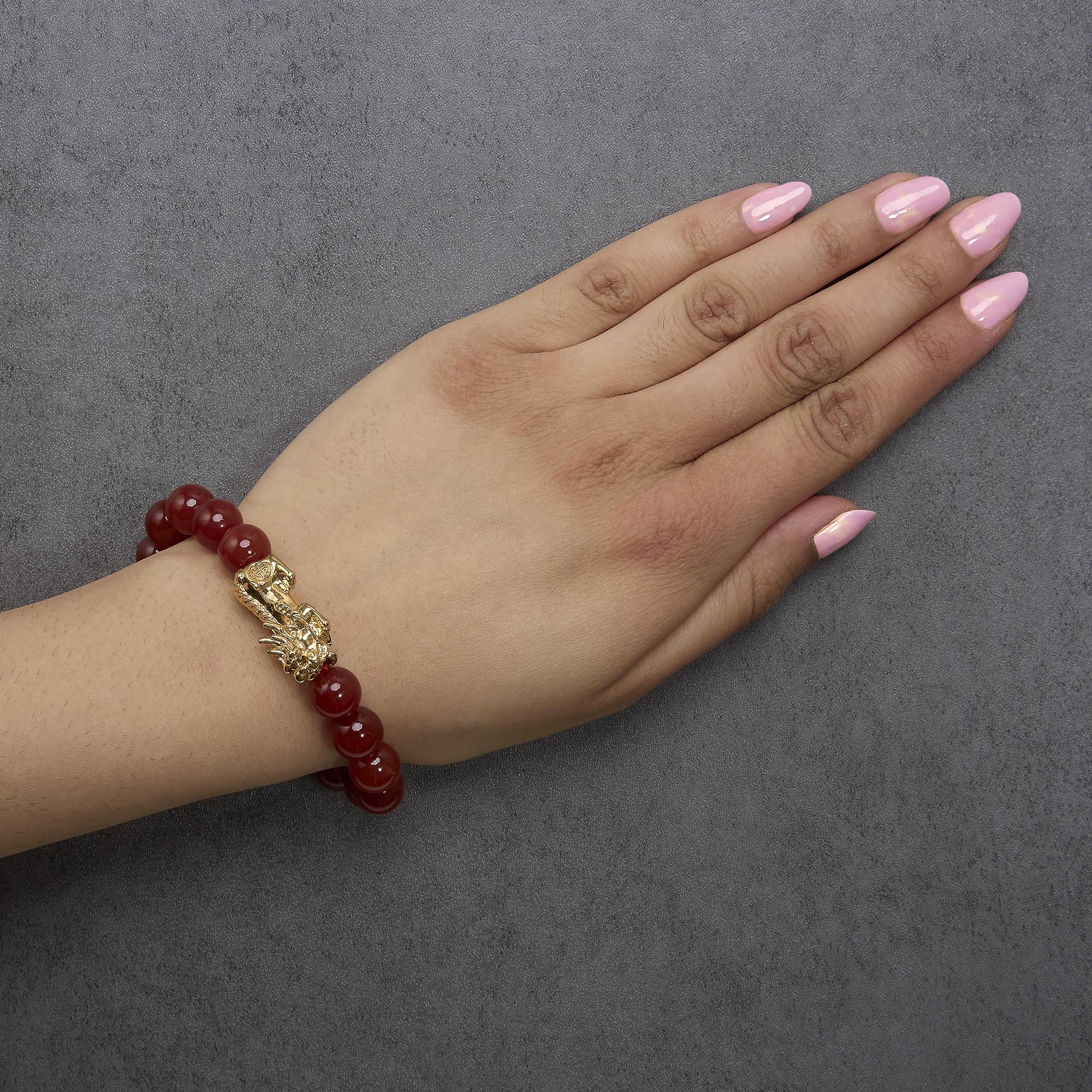 18K Yellow Gold Dragon Charm Red Agate Beaded Charm Bracelet