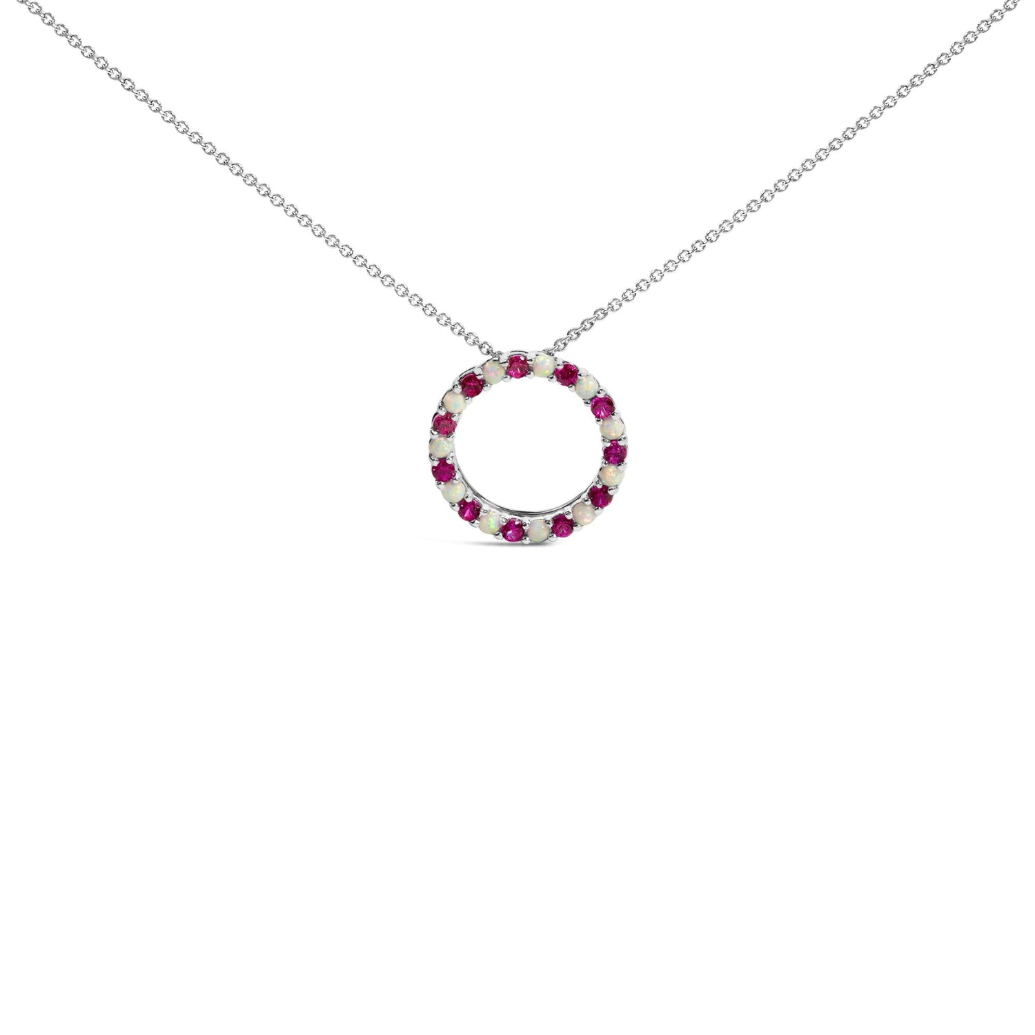 .925 Sterling Silver Alternating Created Red Ruby and Opal Circle Pendant Necklace