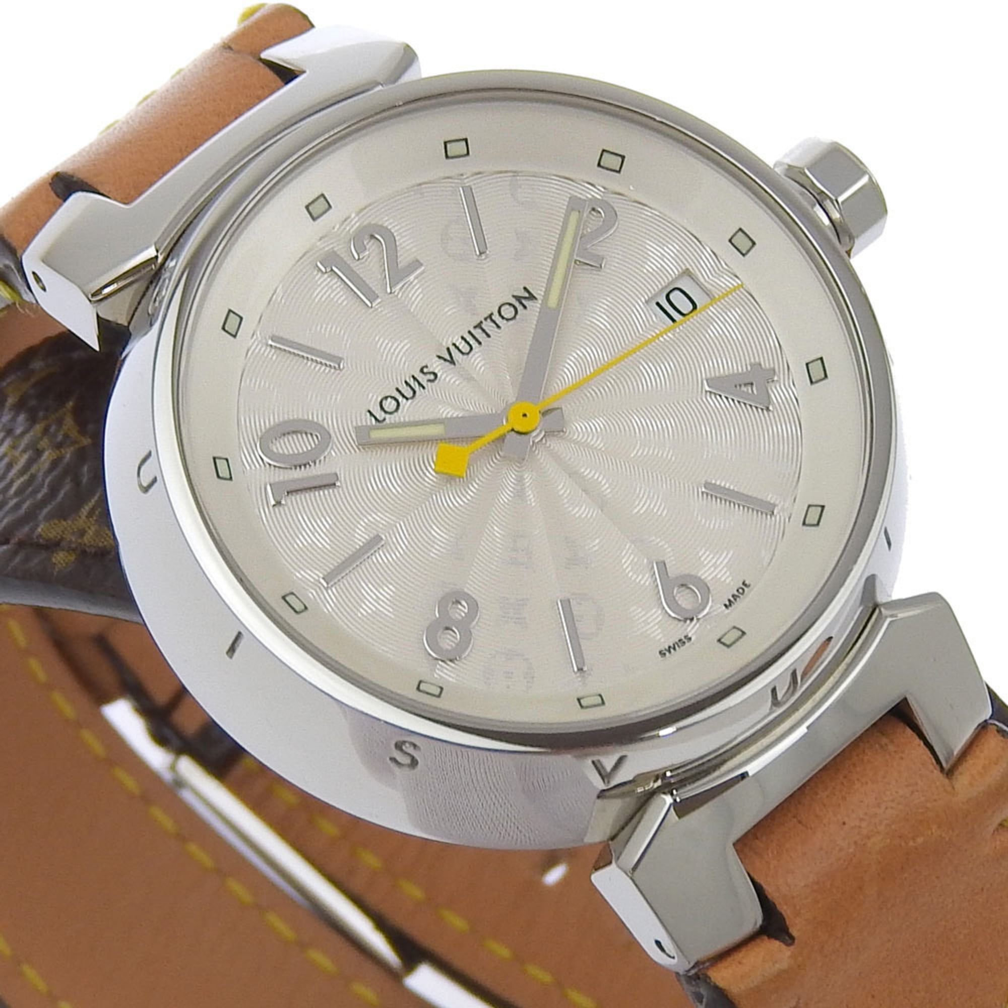 Louis Vuitton Tambour Watch Q1313 Stainless Steel x Monogram Canvas Quartz Analog Display White Dial Women's — Very Good