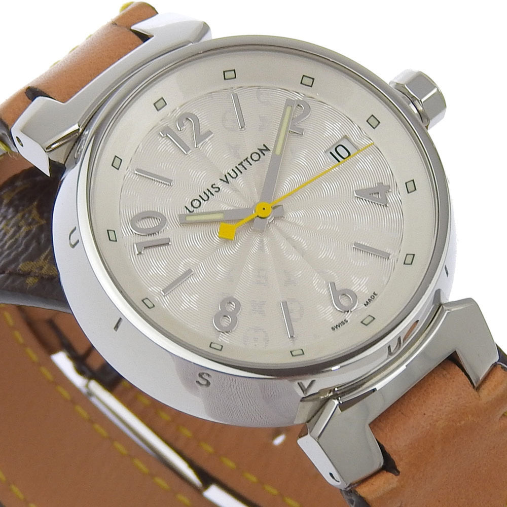 Louis Vuitton Tambour Watch Q1313 Stainless Steel x Monogram Canvas Quartz Analog Display White Dial Women's — Very Good