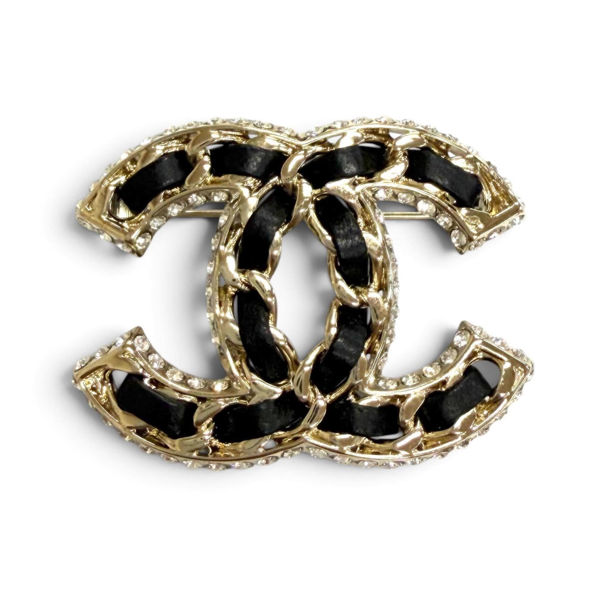 CHANEL B23P Coco Mark Lambskin Rhinestone Brooch, Black with Gold Hardware, Made in Italy, Women's, Very Popular — Like New