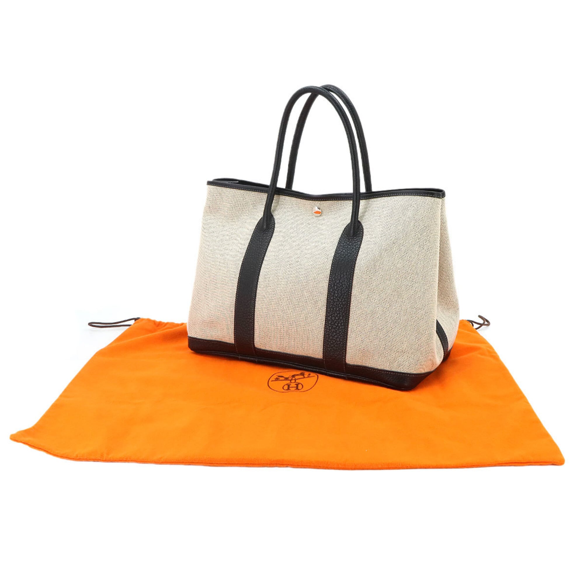 Hermes Garden 36 PM Tote Handbag, Toile H Leather, Black/Gray, □J Stamp, Party — Like New