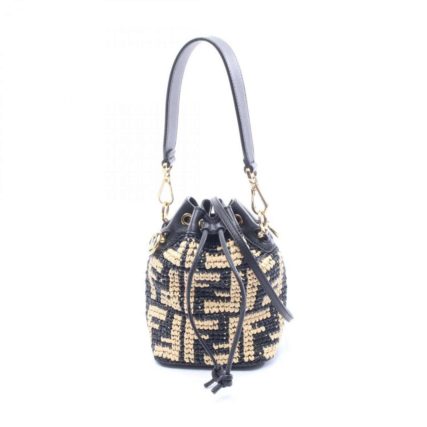 Fendi Mini Montresor 2-Way Handbag, Leather and Straw, Women's, Beige/Black, 8BS010