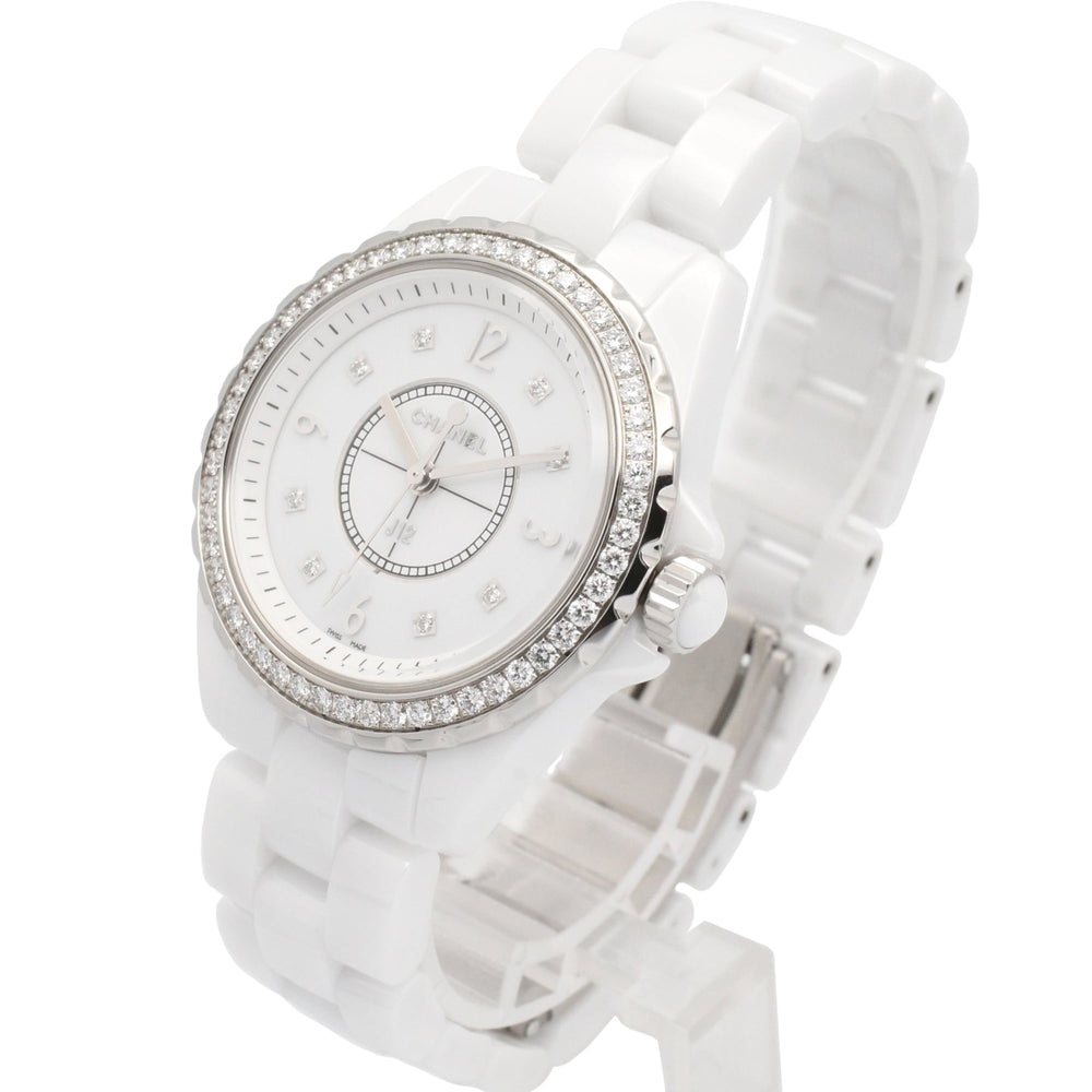 Chanel J12 Diamond Bezel 8-Diamond Watch, Ceramic, Diamond, Ladies, White, H3110 — Very Good