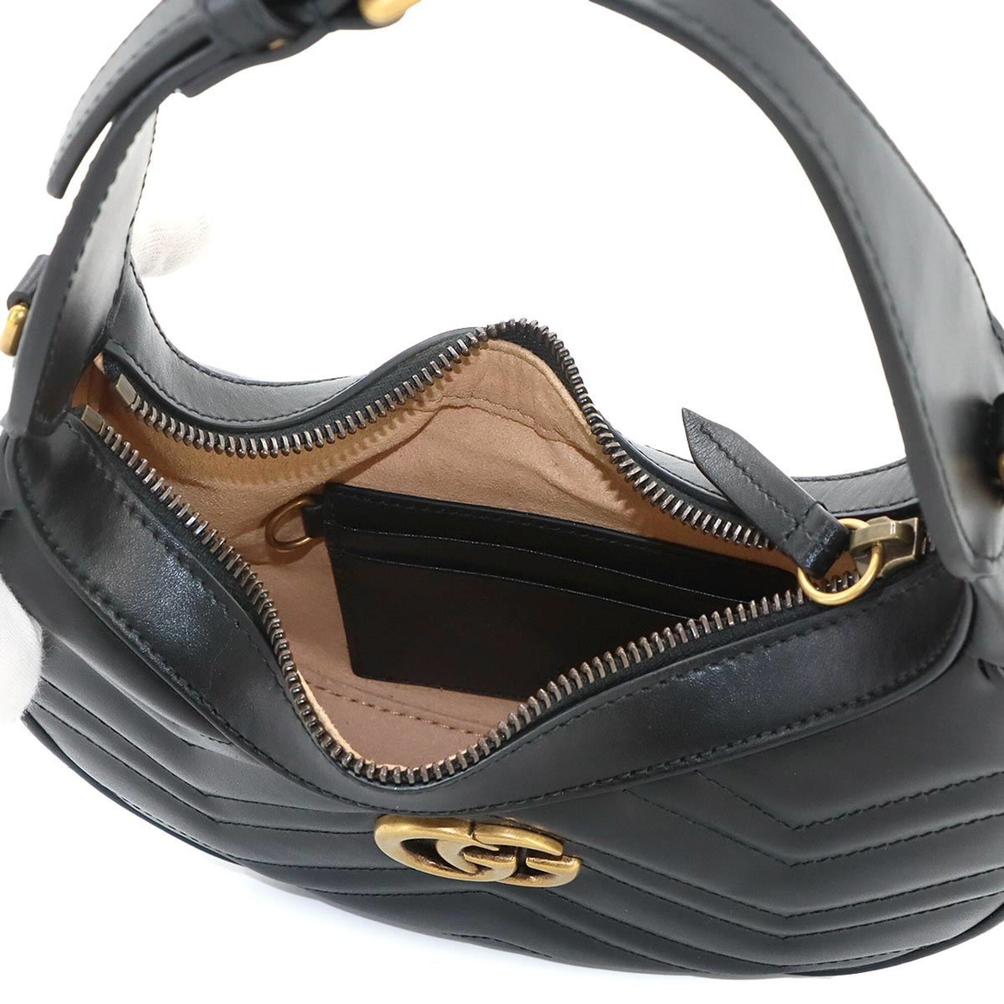 Gucci GG Marmont Half Moon Shaped Mini 2-way Hand/Shoulder Handbag, Leather, Black, 699514 — New - Store Return