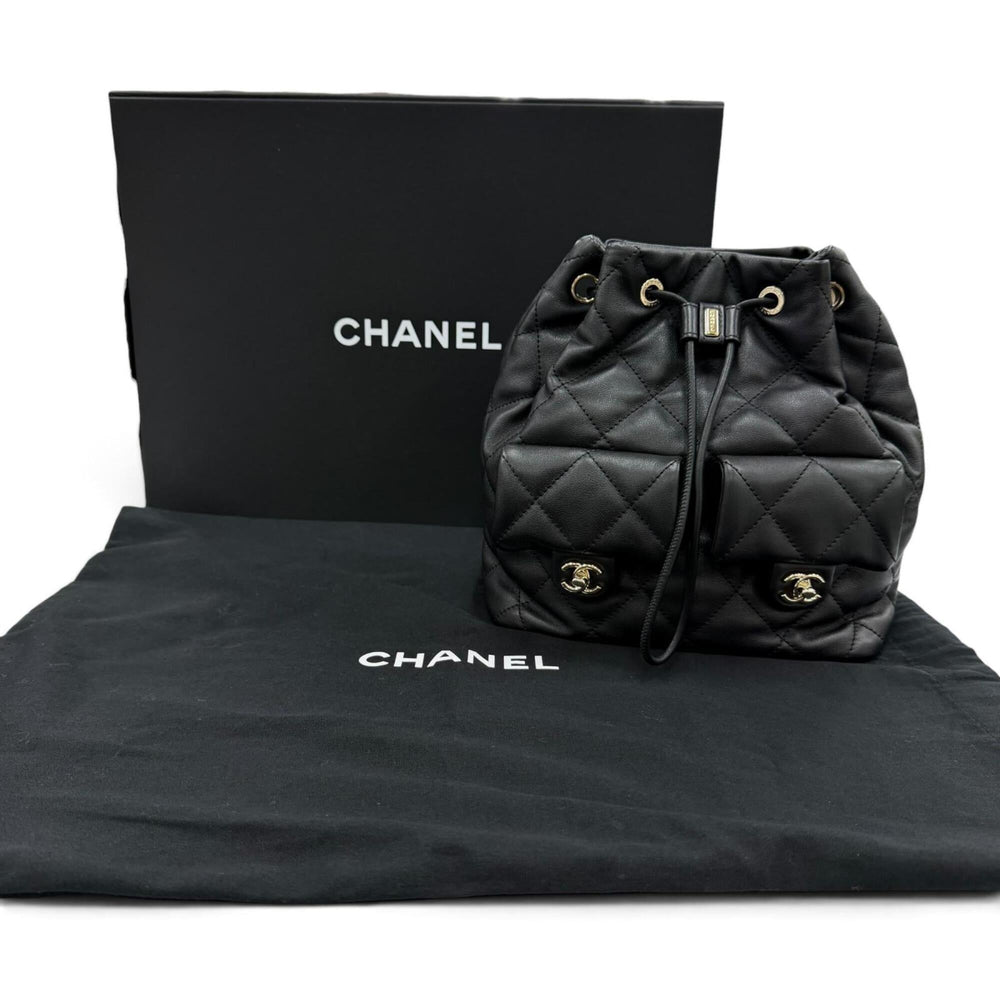 CHANEL AS4342 Matelassé Coco Mark Two-Pocket Calfskin Backpack/Daypack, Black with Gold Hardware, Made in Italy, Women's, Box and Dust Bag — New - Store Return