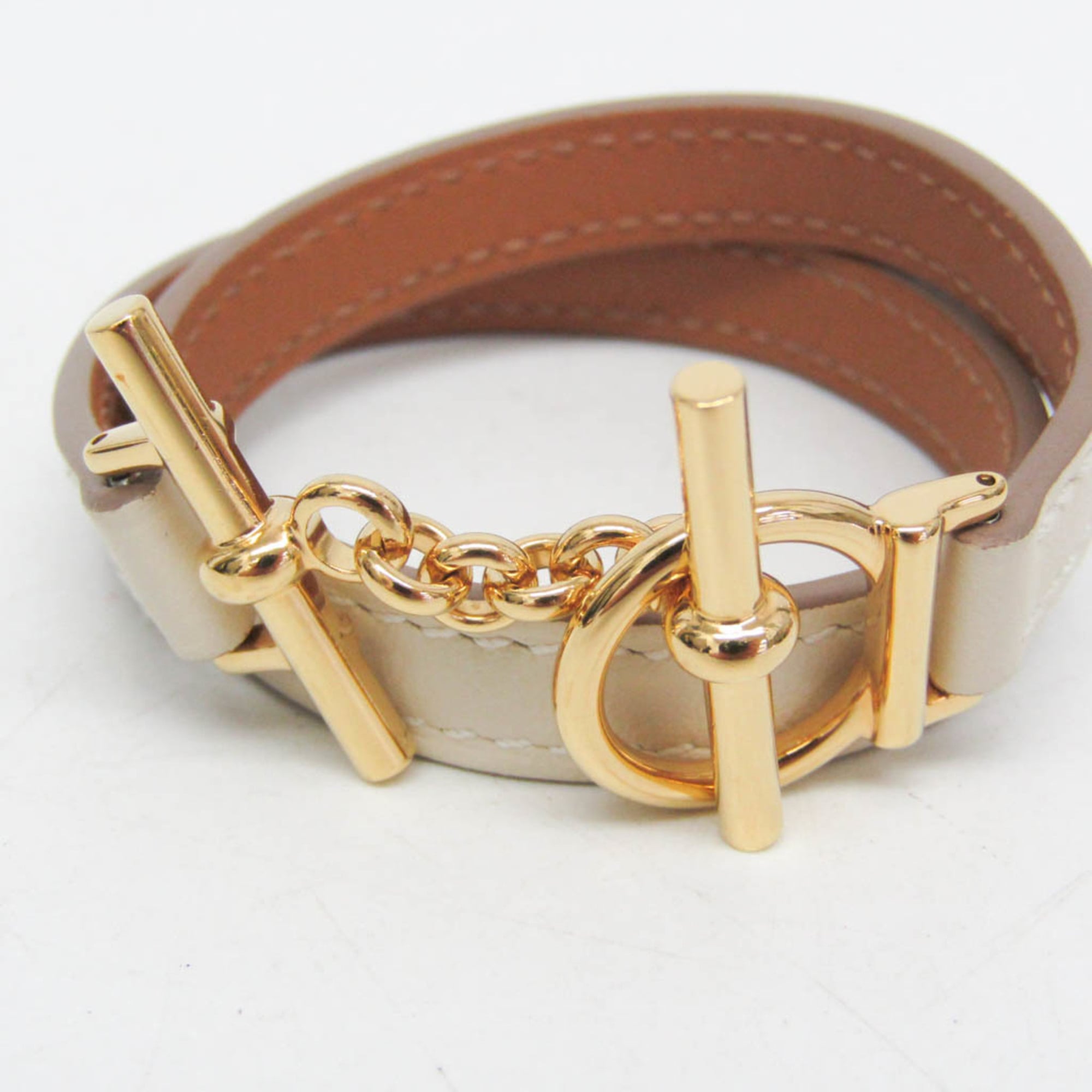 Hermes Croisière Double Tour Metal,Swift Leather Wrap Bracelet Off-white,Yellow Gold — Like New