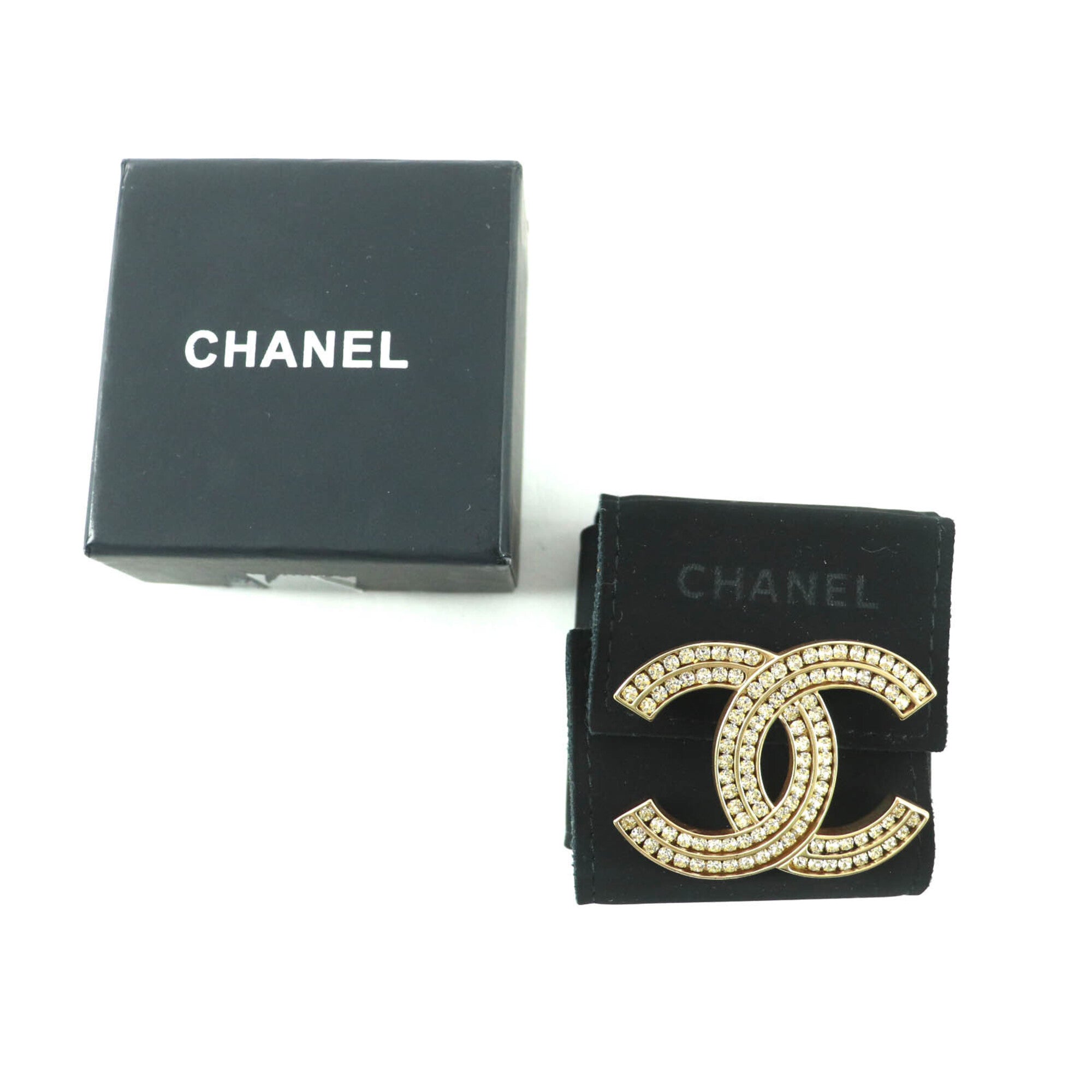 CHANEL A21C Coco Mark Rhinestone Brooch, Gold, with Box and Dust Bag, Made in France, Women's — Like New