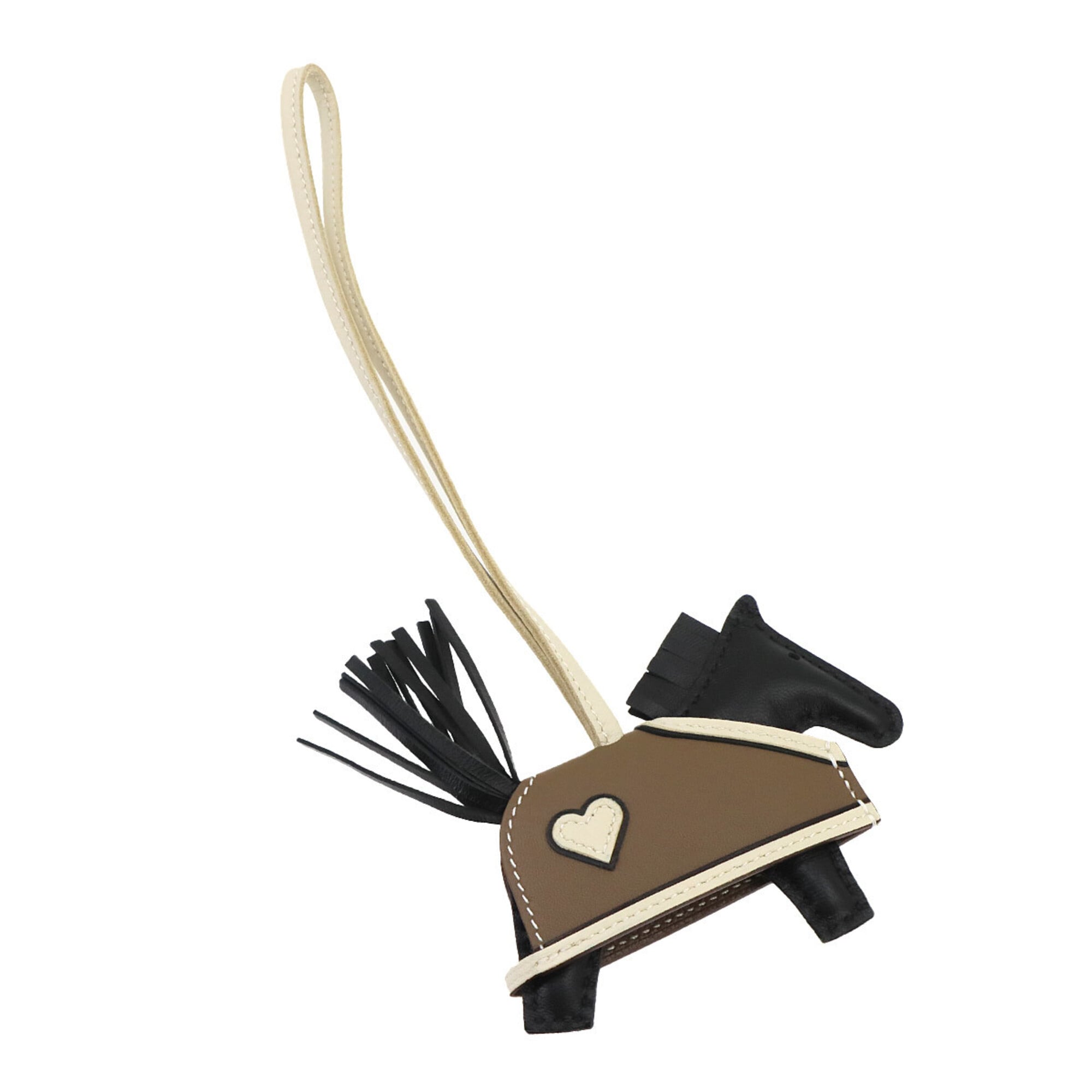 Hermes Rodeo Robeo Coeur PM accessory bag charm, Agneau Milo Swift leather, black, Etoupe, Craie, K stamp — New - Store Return