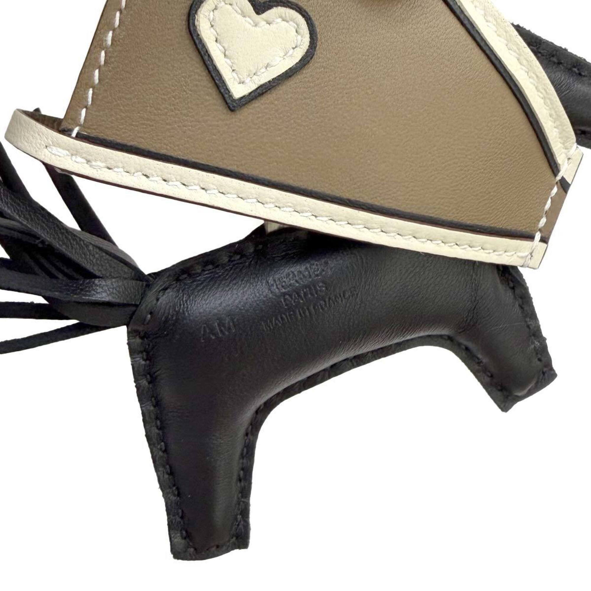 Hermes Rodeo Robeo Coeur PM accessory bag charm, Agneau Milo Swift leather, black, Etoupe, Craie, G stamp — New - Store Return