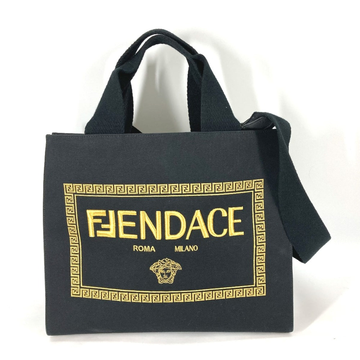 Fendi 8BH395 VERSACE collaboration 2WAY Tote Bag Crossbody Shoulder Bag Black Gold — Like New