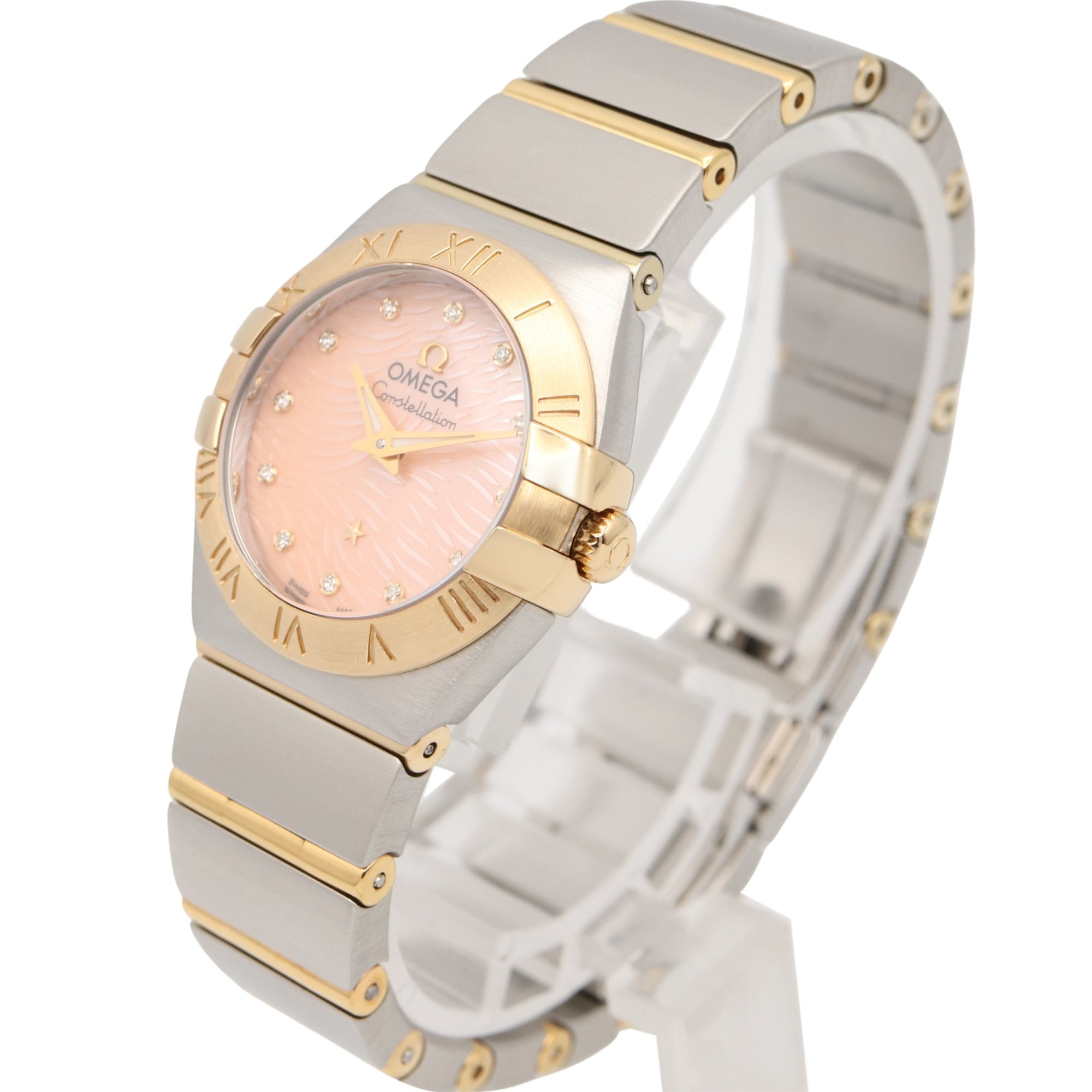 Omega Constellation 12-Diamond Watch, 18K Yellow Gold Stainless Steel, Diamond, Ladies', Pink Tone, Mother-of-Pearl, 123.20.24.60.57.004 — Very Good