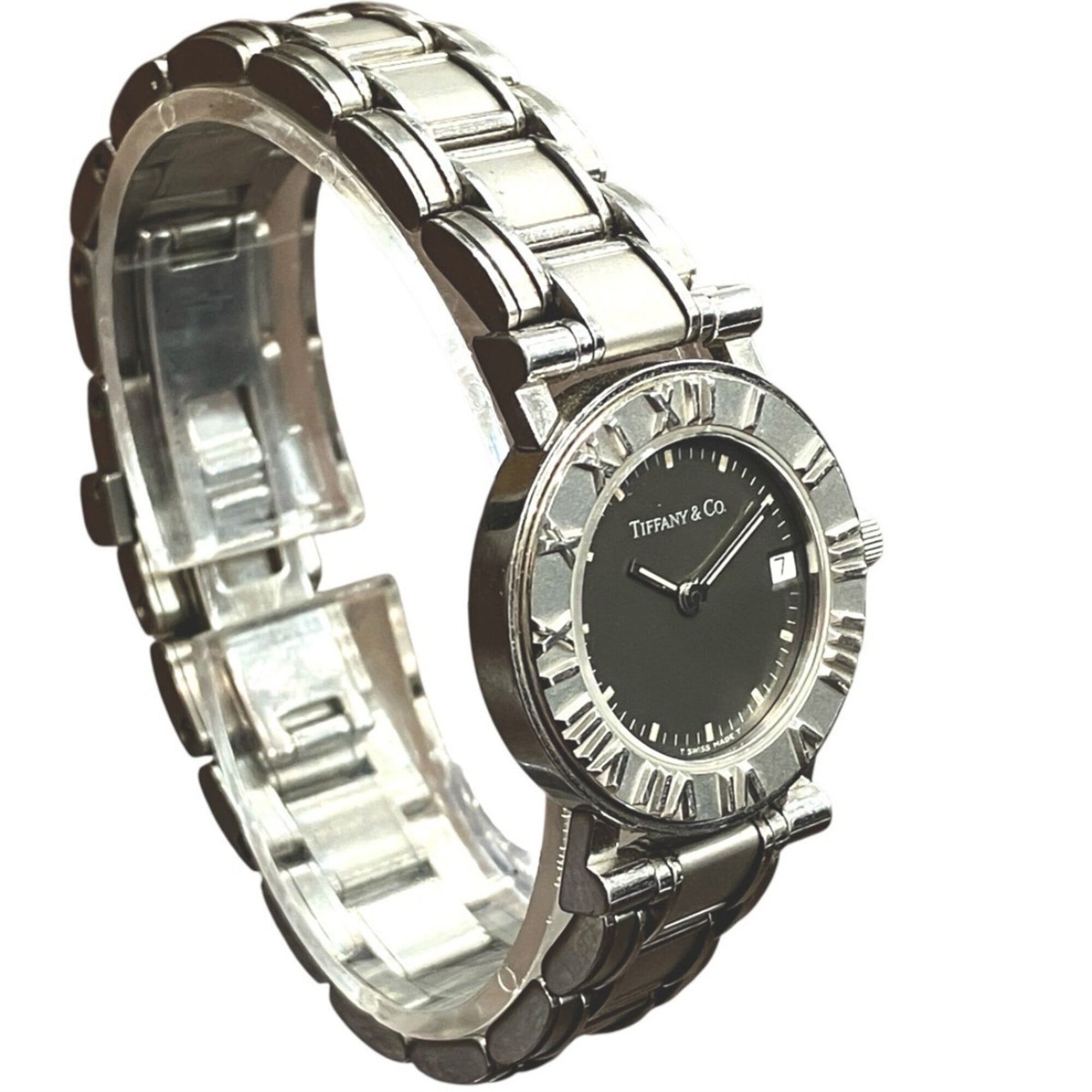Tiffany & Co. Atlas watch, total weight 53.6g, stainless steel, quartz movement, black dial — Good