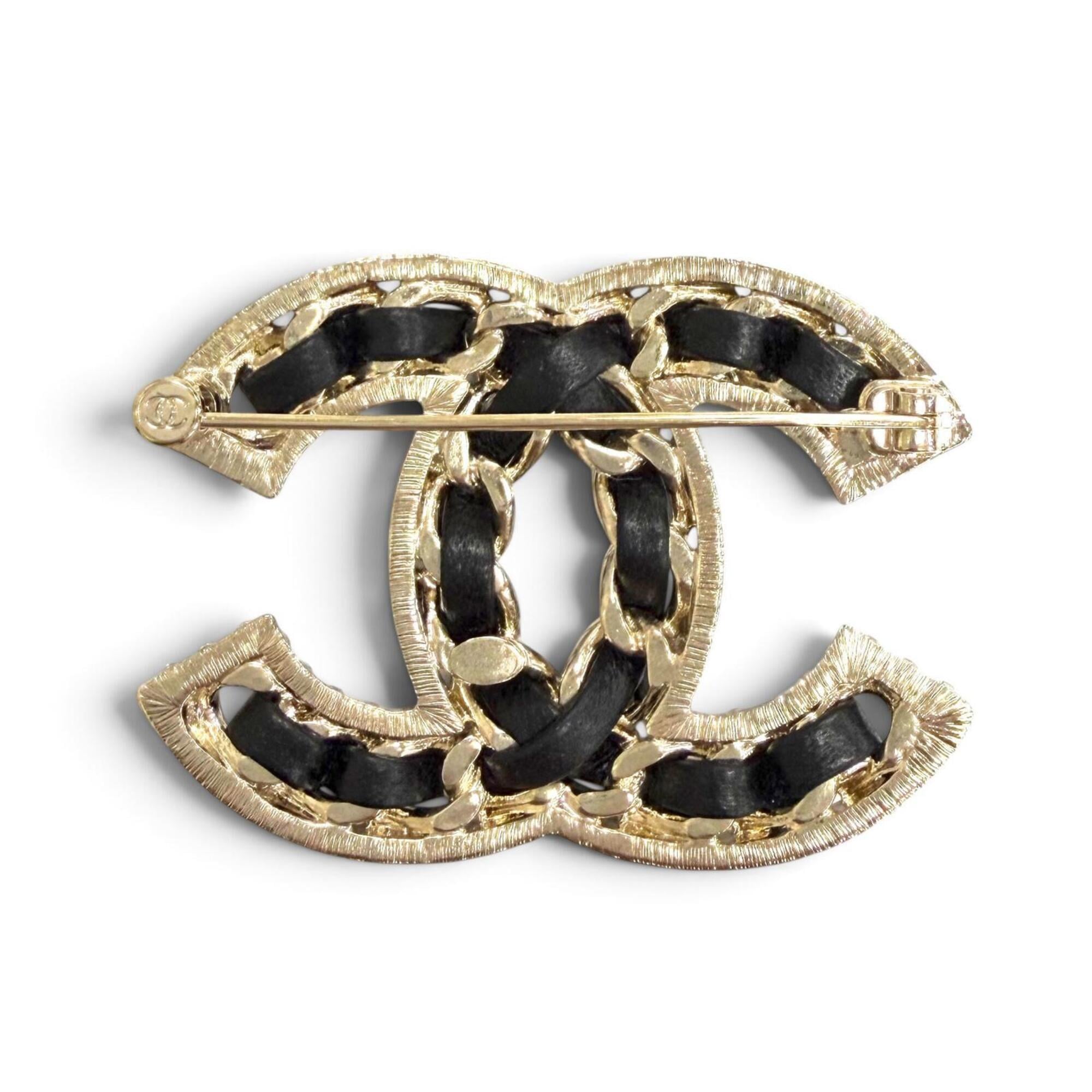 CHANEL B23P Coco Mark Lambskin Rhinestone Brooch, Black with Gold Hardware, Made in Italy, Women's, Very Popular — Like New