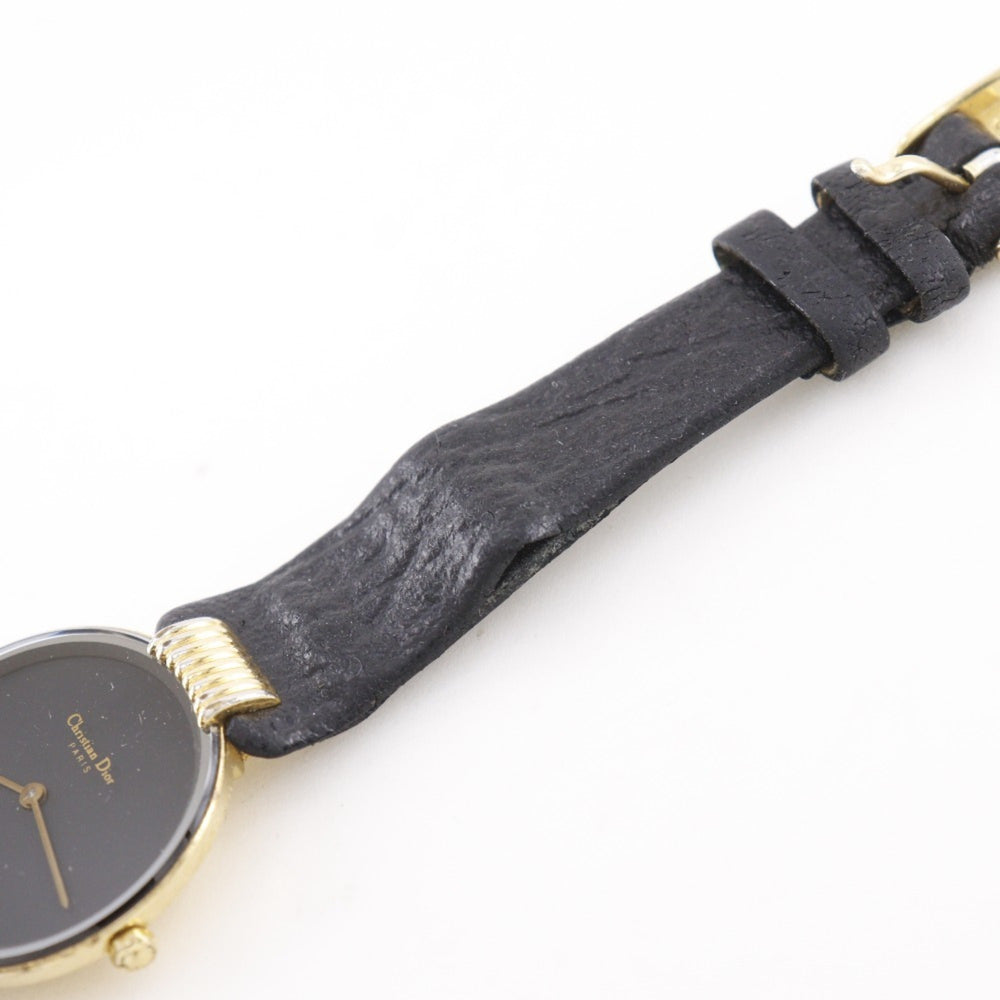 Christian Dior Bakira Watch 46.153-4 Gold Plated x Leather Strap Quartz Analog Black Dial Women's — Good