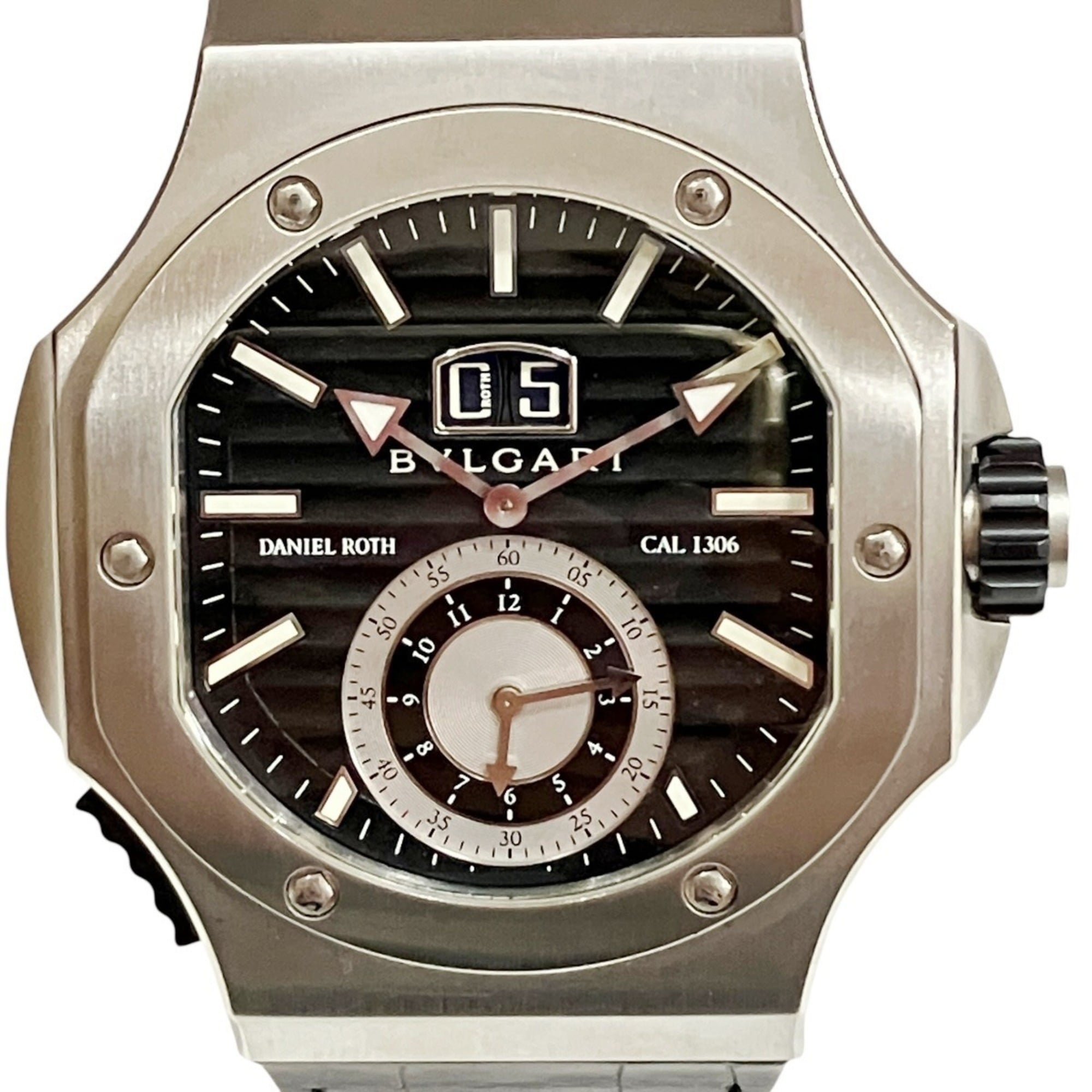Bulgari Daniel Roth Chronosprint Watch, Total Weight 147.3g, Stainless Steel, Genuine Leather Strap, Quartz Movement, Black Dial, BRE56BSLDCHS — Very Good