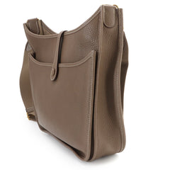 Hermes Evelyne 3 PM Shoulder Handbag, Taurillon Clemence Leather, Etoupe, D Stamp, Gold Hardware — Like New