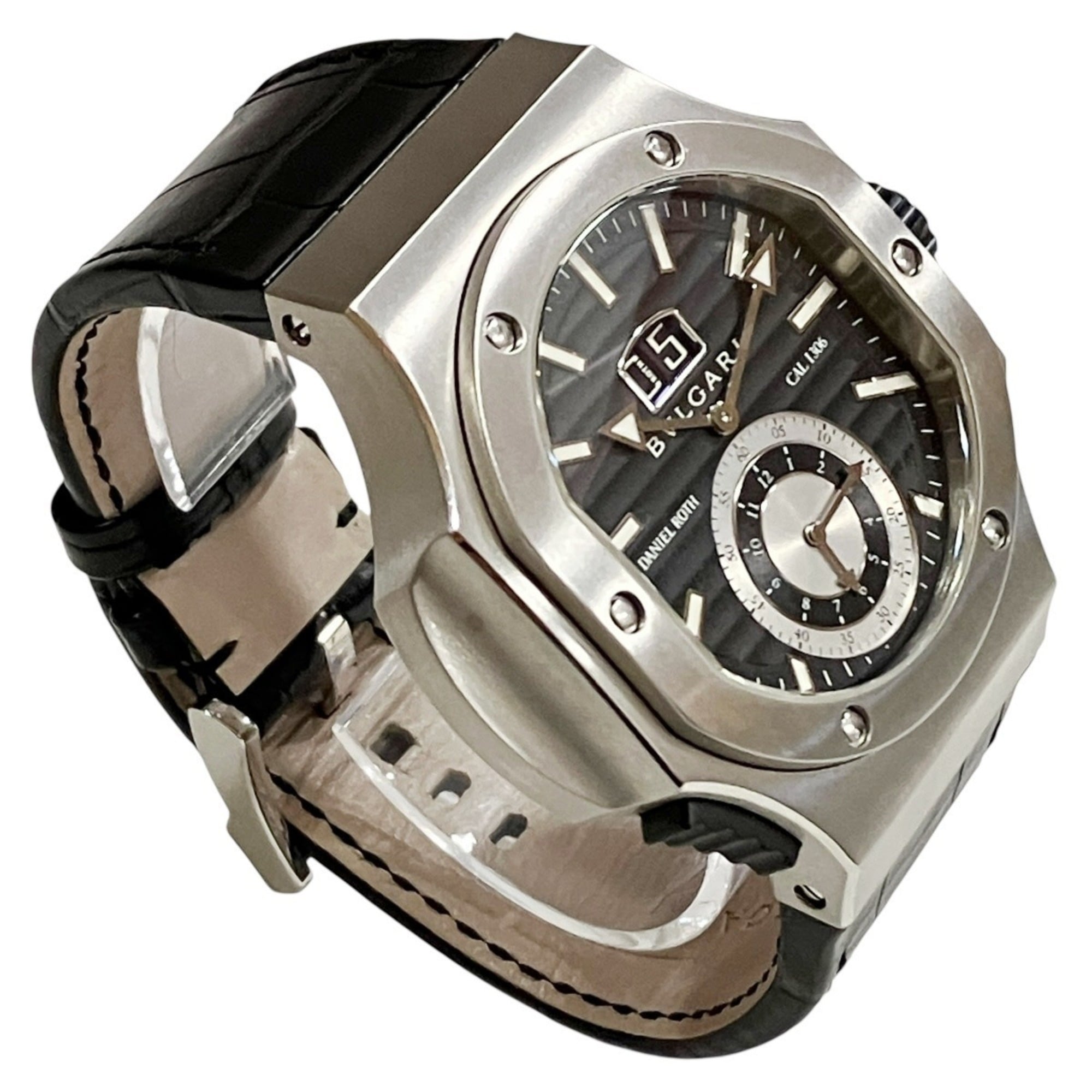 Bulgari Daniel Roth Chronosprint Watch, Total Weight 147.3g, Stainless Steel, Genuine Leather Strap, Quartz Movement, Black Dial, BRE56BSLDCHS — Very Good