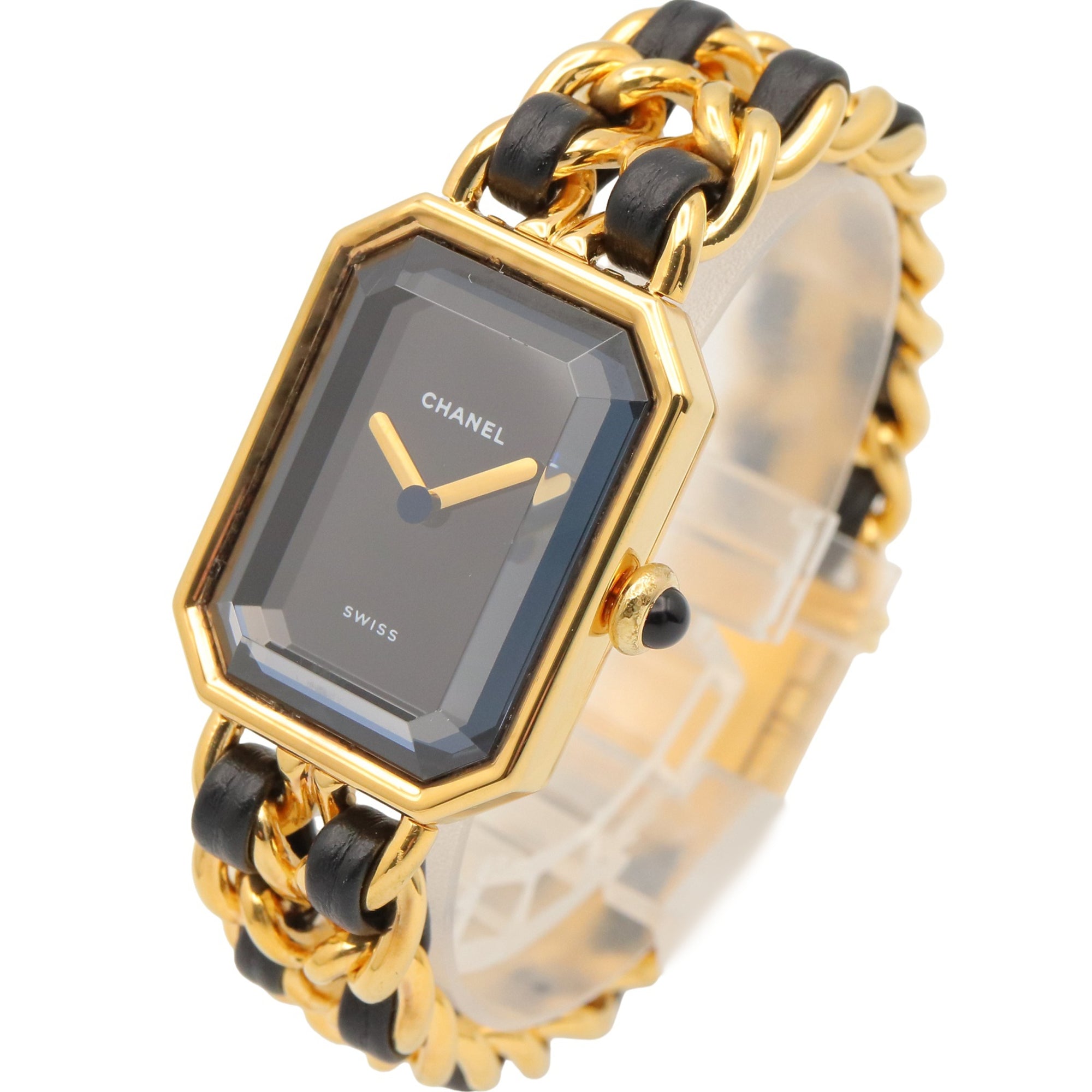 Chanel CHANEL Première S Watch, Gold Plated (GP), Leather Strap, Women's, Black, H0001 — Very Good