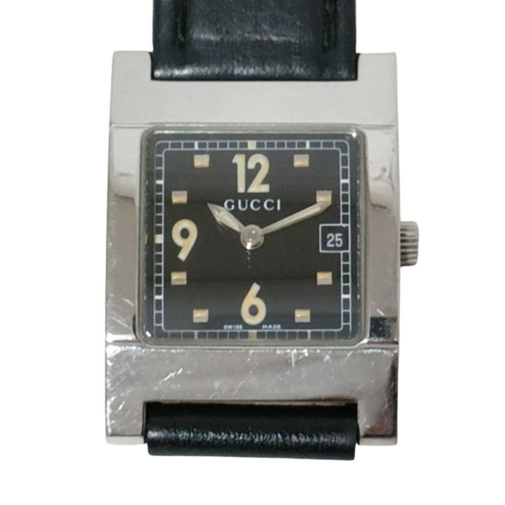 GUCCI Watch 7700L Black Silver Stainless Steel Leather Women's Analog Square — Good