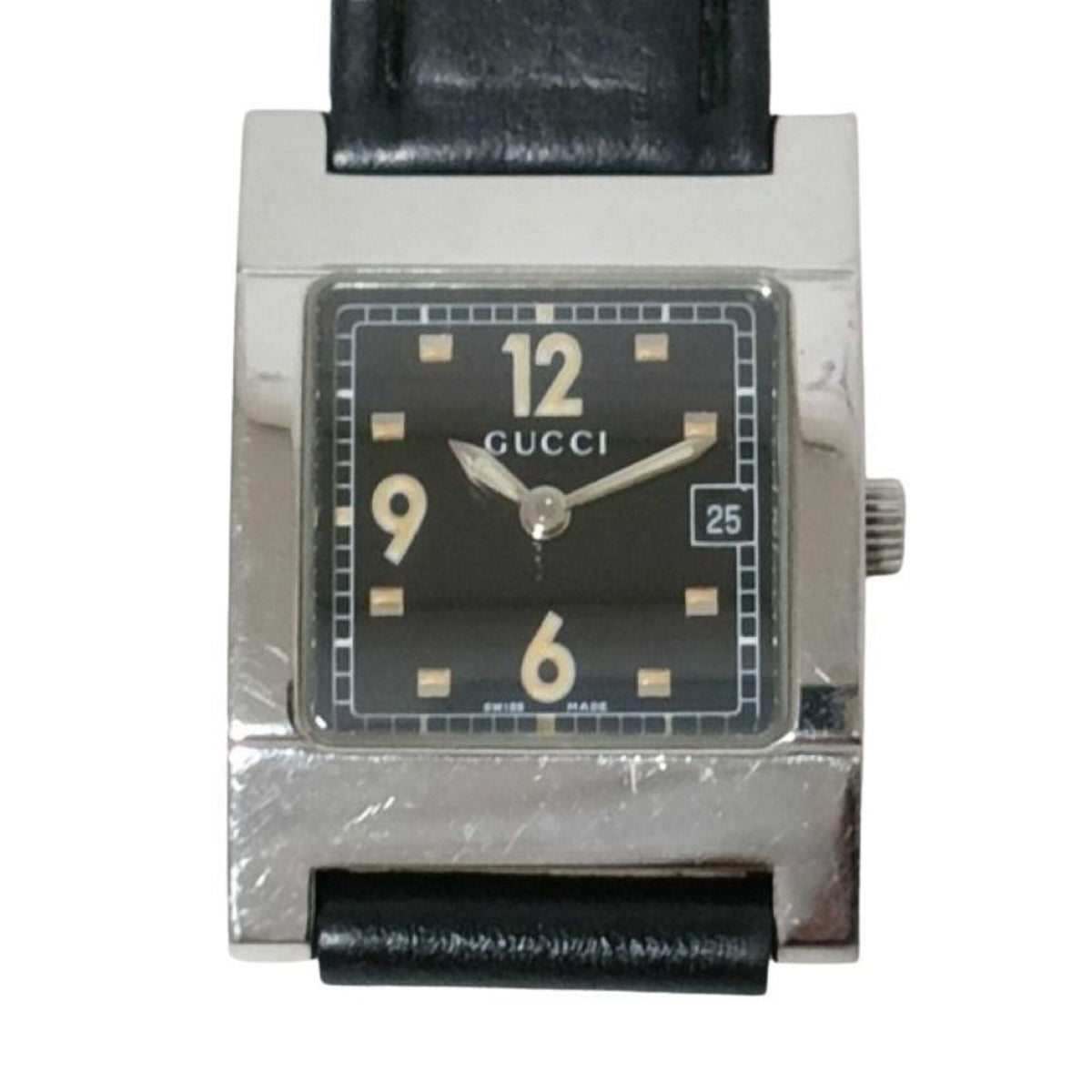 GUCCI Watch 7700L Black Silver Stainless Steel Leather Women's Analog Square — Good