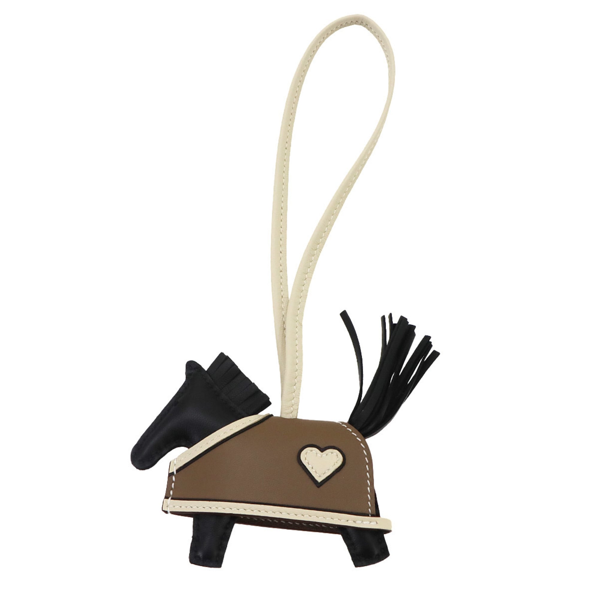 Hermes Rodeo Robeo Coeur PM accessory bag charm, Agneau Milo Swift leather, black, Etoupe, Craie, G stamp — New - Store Return