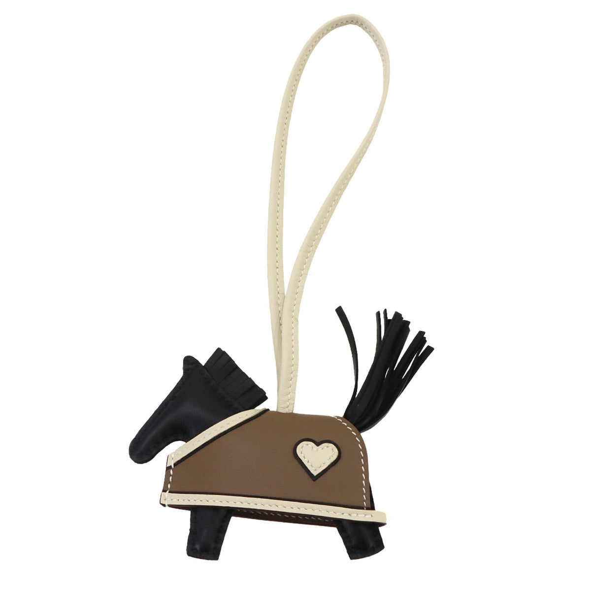 Hermes Rodeo Robeo Coeur PM accessory bag charm, Agneau Milo Swift leather, black, Etoupe, Craie, G stamp — New - Store Return