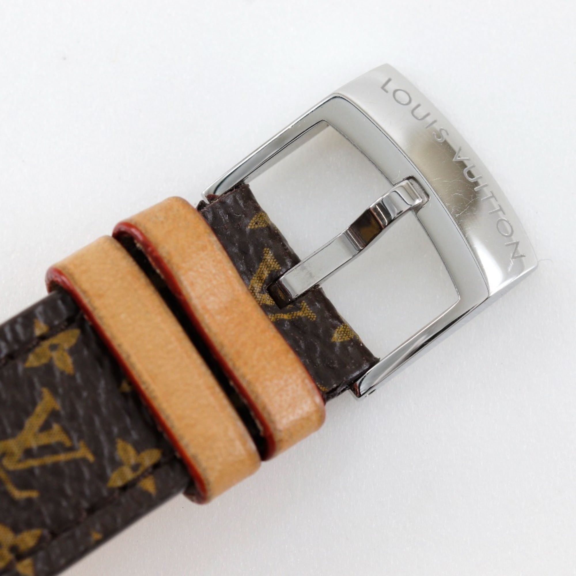 Louis Vuitton Tambour Watch Q1313 Stainless Steel x Monogram Canvas Quartz Analog Display White Dial Women's — Very Good