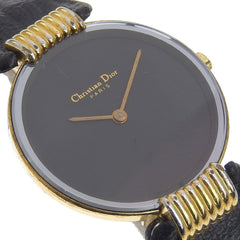 Christian Dior Bakira Watch 46.153-4 Gold Plated x Leather Strap Quartz Analog Black Dial Women's — Good