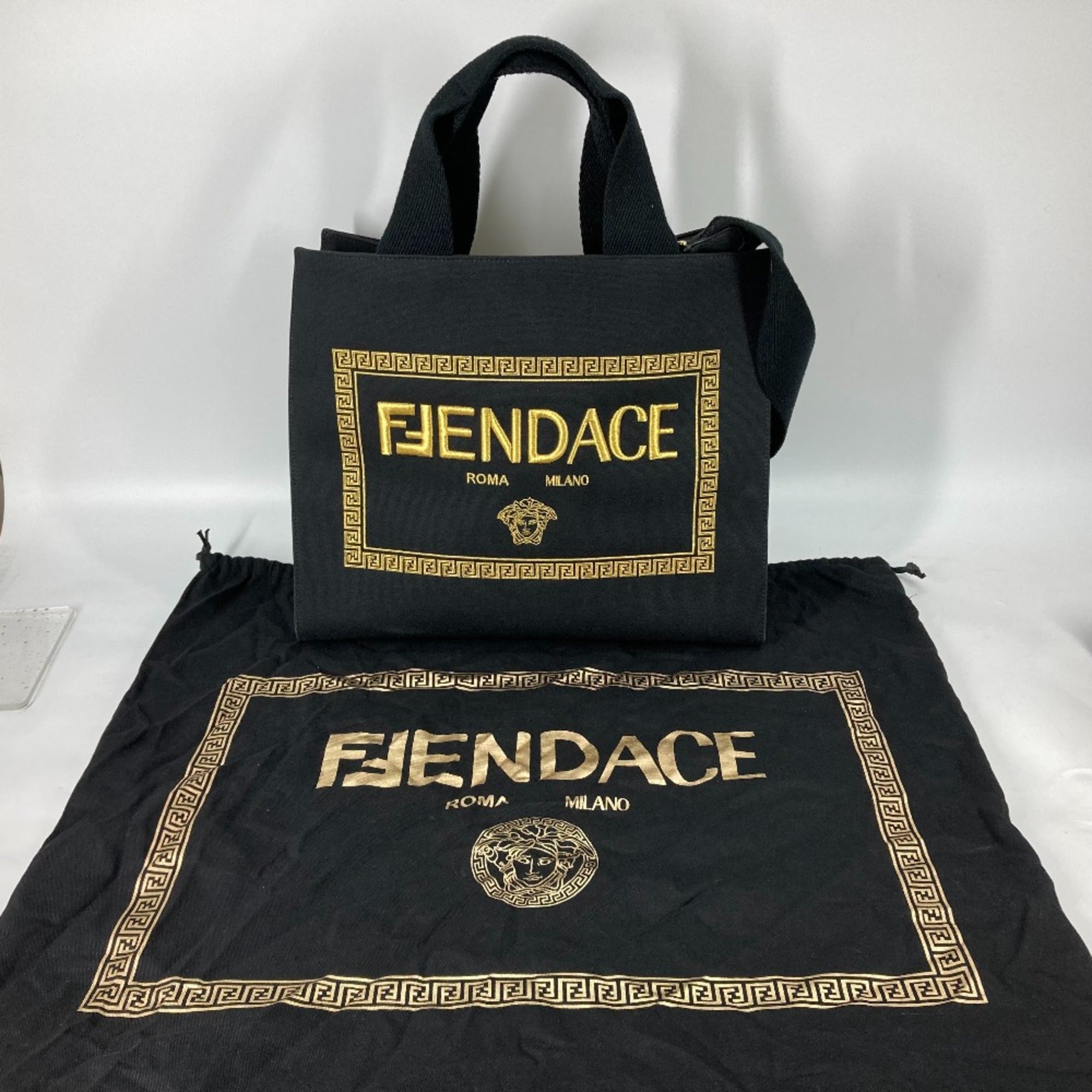 Fendi 8BH395 VERSACE collaboration 2WAY Tote Bag Crossbody Shoulder Bag Black Gold — Like New